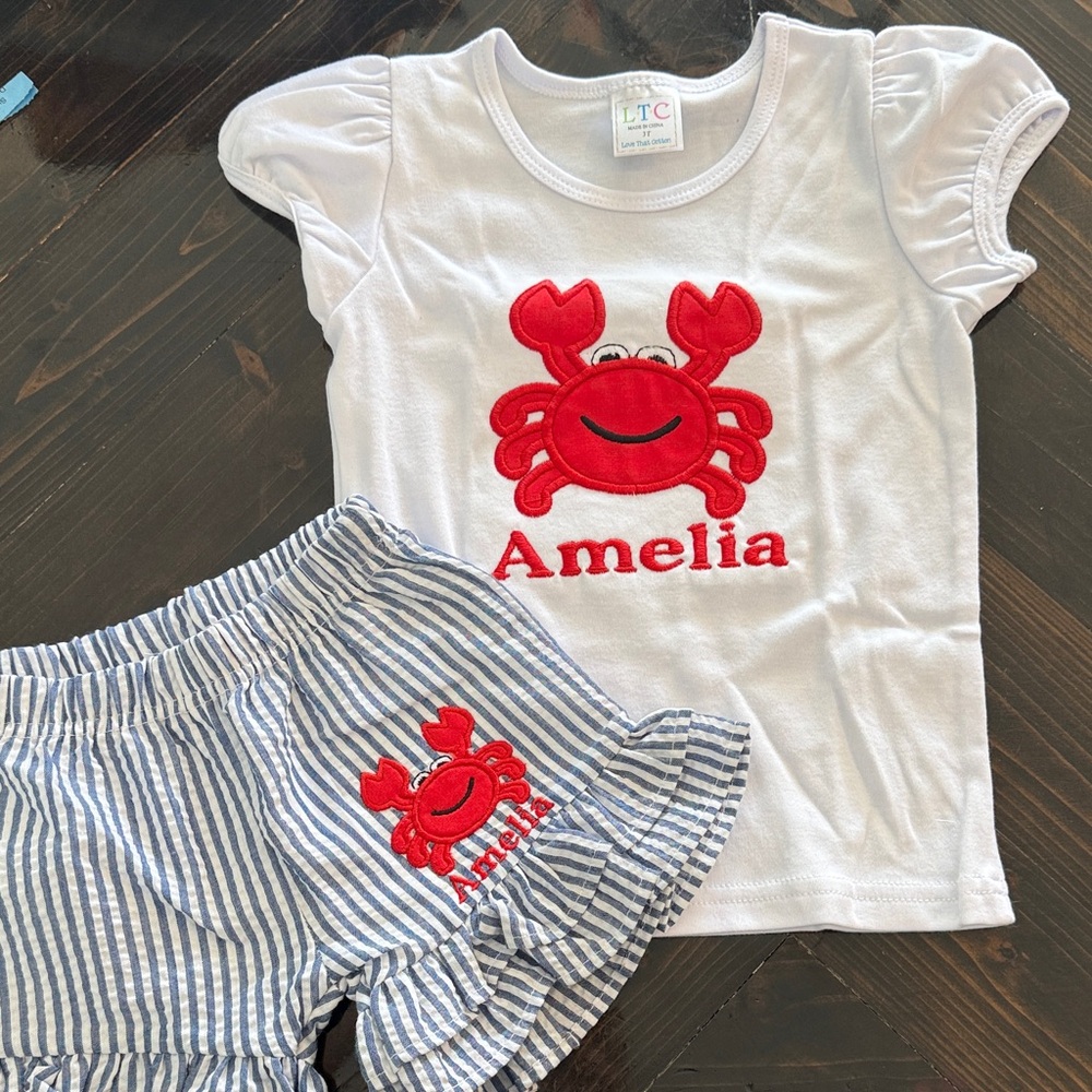 TC White Top & Blue Striped Shorts with Red Crab Detail